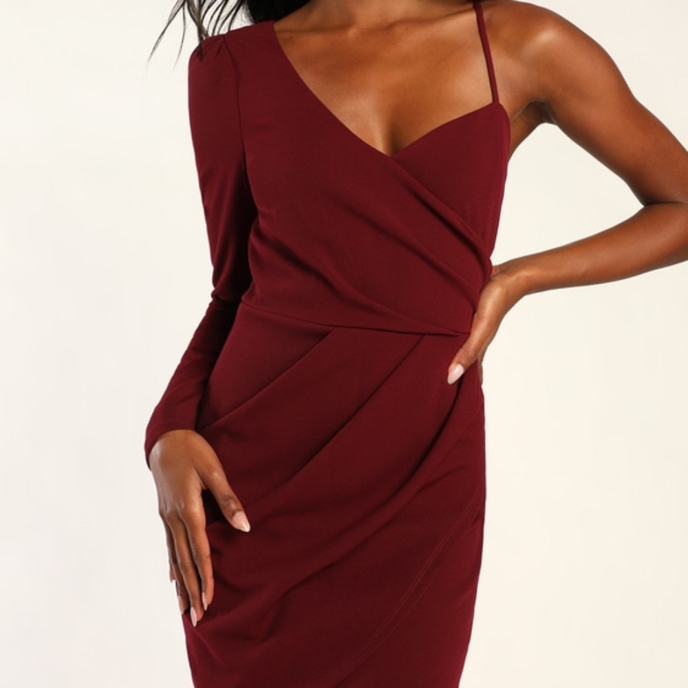 Lulus Keep Things Stylish Burgundy Asymmetrical Faux-wrap Mini Dress Red